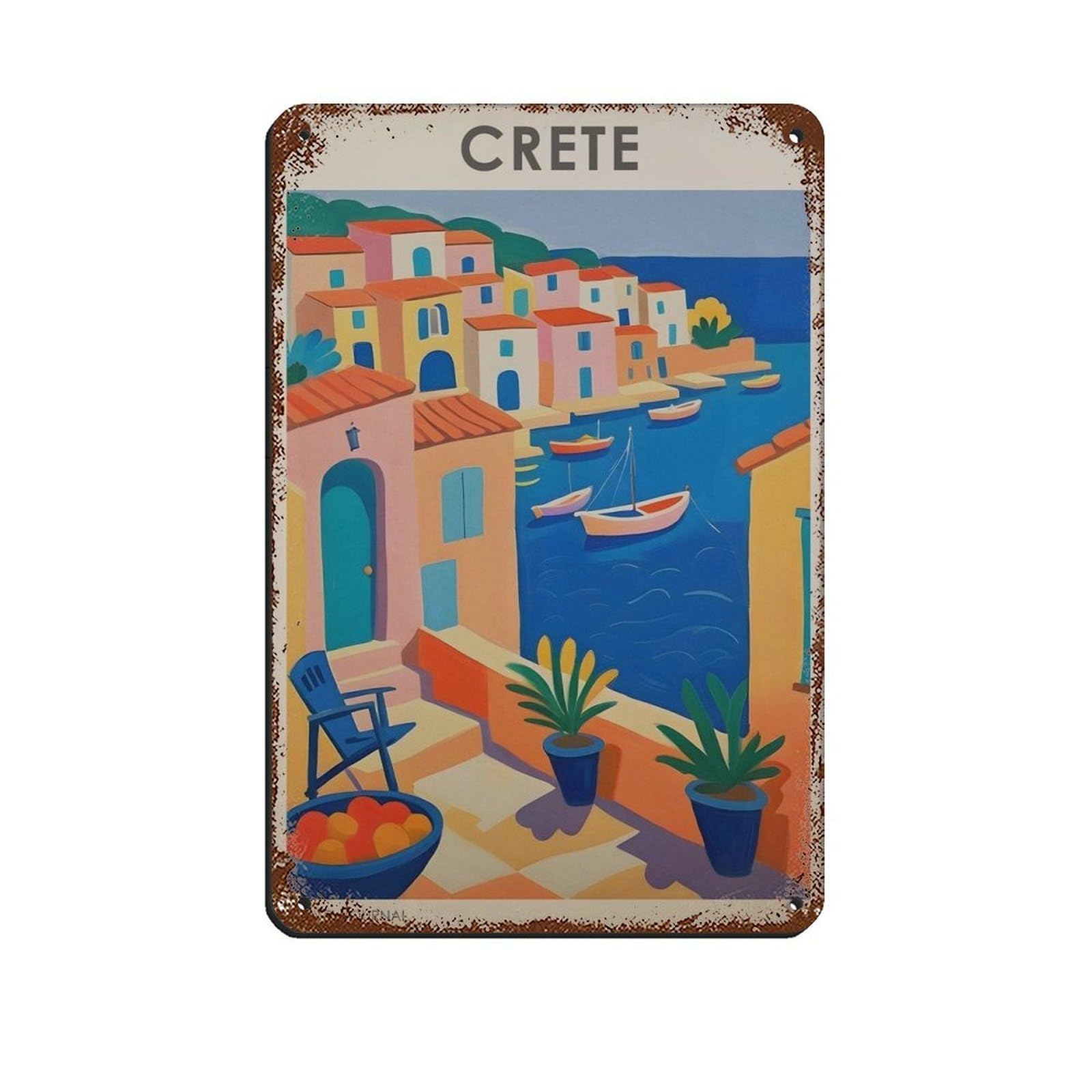 Crete Travel, Vintage Greece Poster Tin Sign Vintage Metal Pub Club Cafe Bar Home Wall Art Decoration Poster Retro 8x12inch(20x30cm)