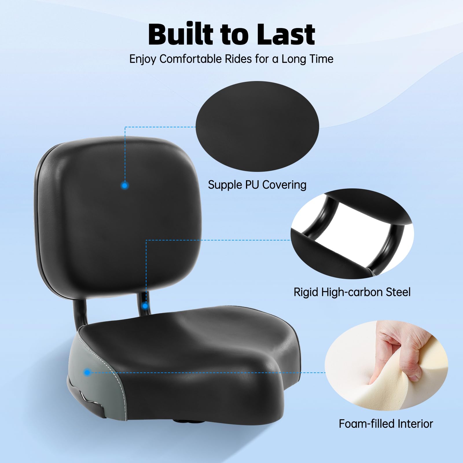 Cómodo asiento de bicicleta con respaldo,Asiento amplio y cómodo,Ancho del sillín de la tija del sillín,Acolchado ergonómico, Respaldo ajustable,Espuma de poliuretano amortiguadora,Asiento de repuesto