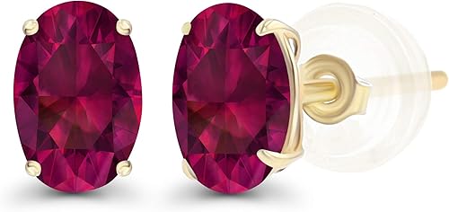 Solid 925 Sterling Silver Gold Plated 7x5mm Oval Genuine Birthstone Stud Earrings For Women Natural or Created Hypoallergenic Gemstone Stud Earrings