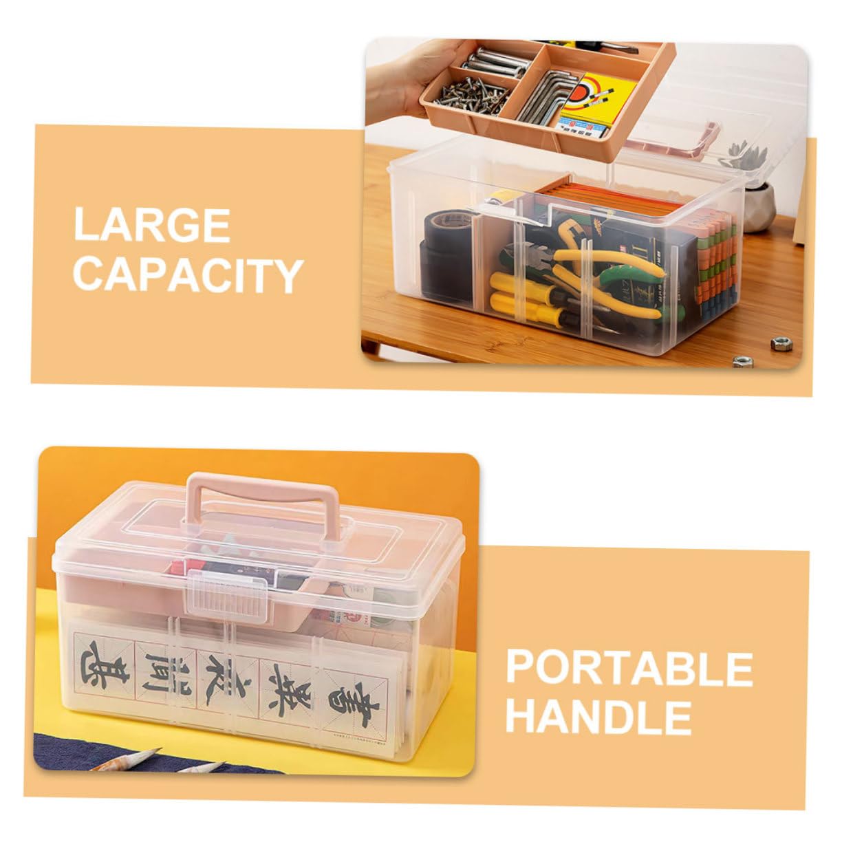 Scatola Organizer Multifunzione Rosa in Pp Trasparente con Manico | Struttura a Doppio Livello, Design Robusto Resistente a Deformazioni, per Accessori Creativi e Piccoli Oggetti