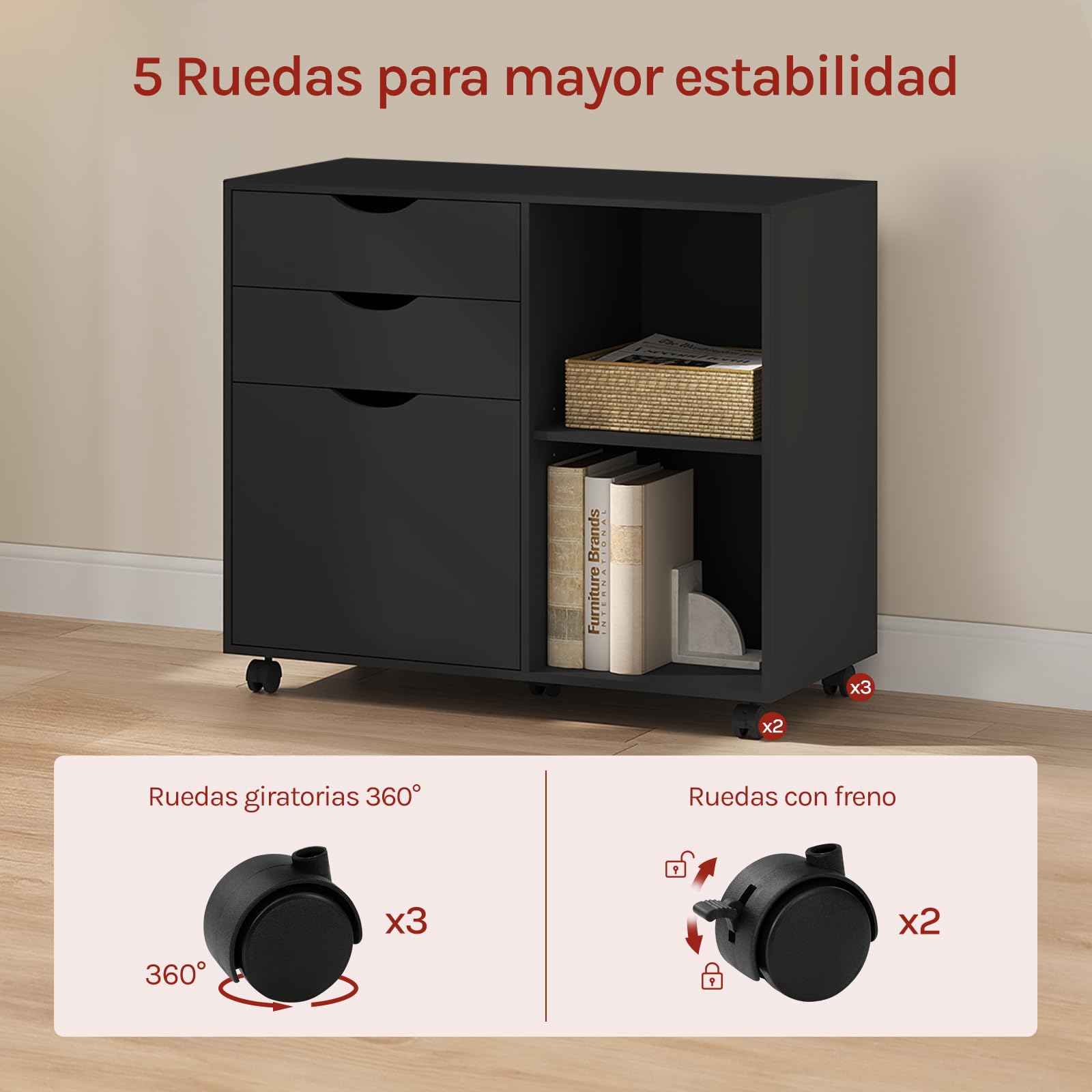 WOLTU Archivador Móvil, Cajonera de 3 Cajones y 2 Estantes Abiertos, con 5 Ruedas y Barra Colgante, Armario de Oficina para Carpetas y A4, 80x39,5x69,5 cm, Negro