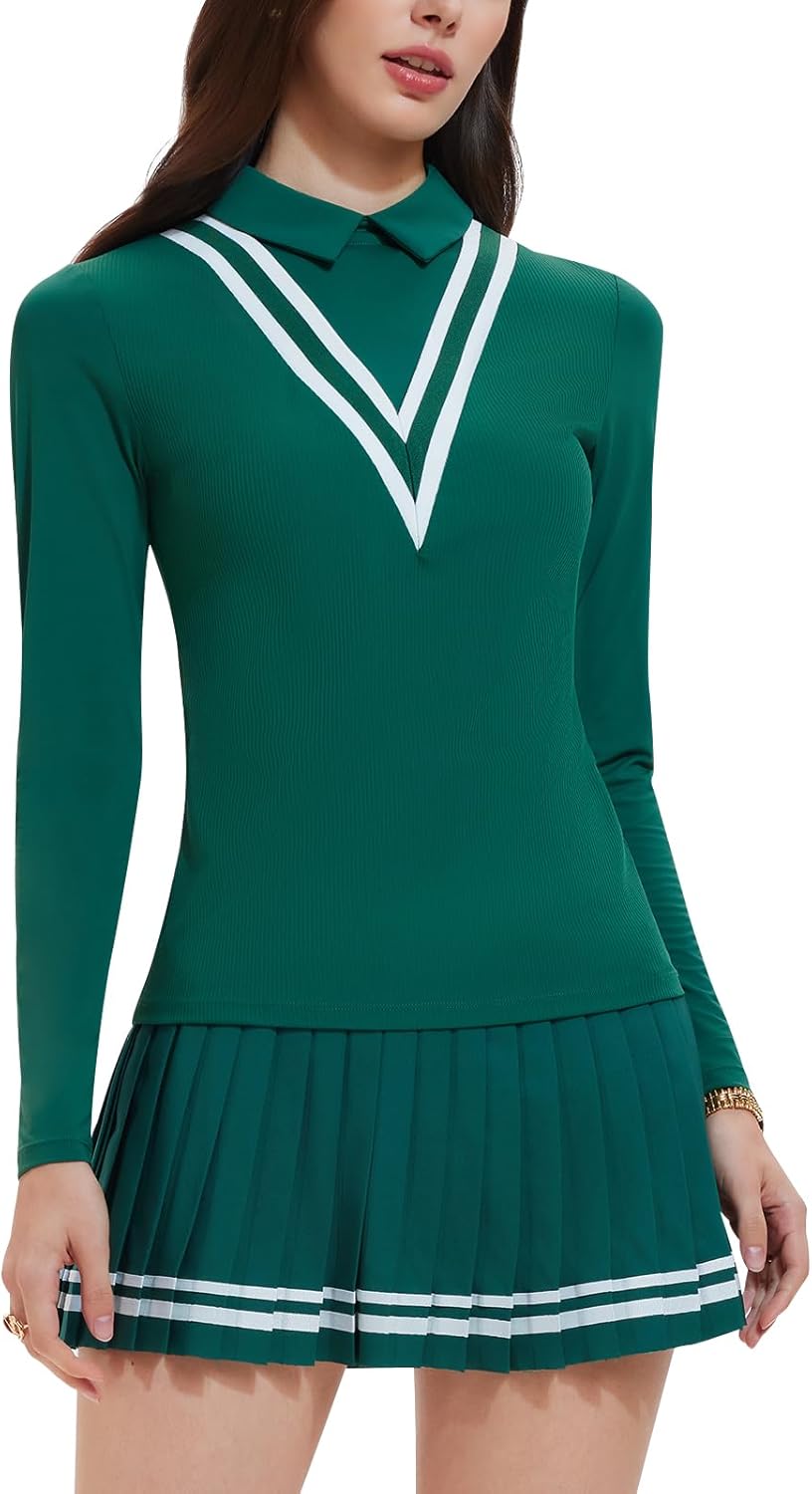 Women's 2 Piece Tennis Skirt Set Long Sleeve, Preppy Polo Top & Pleated Skorts, Fall Winter Athletic Outfits for Pickleball