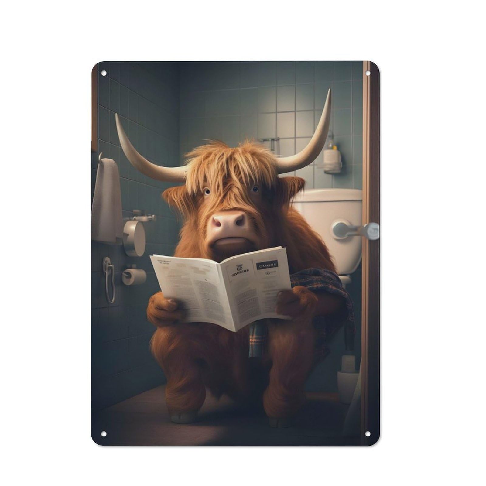 Highland Cow on The Toilet Country Vintage Metal Wall Decor 40x30cm, Country Metal Sign for Kitchen, Cottage, Porch Or Garden Room