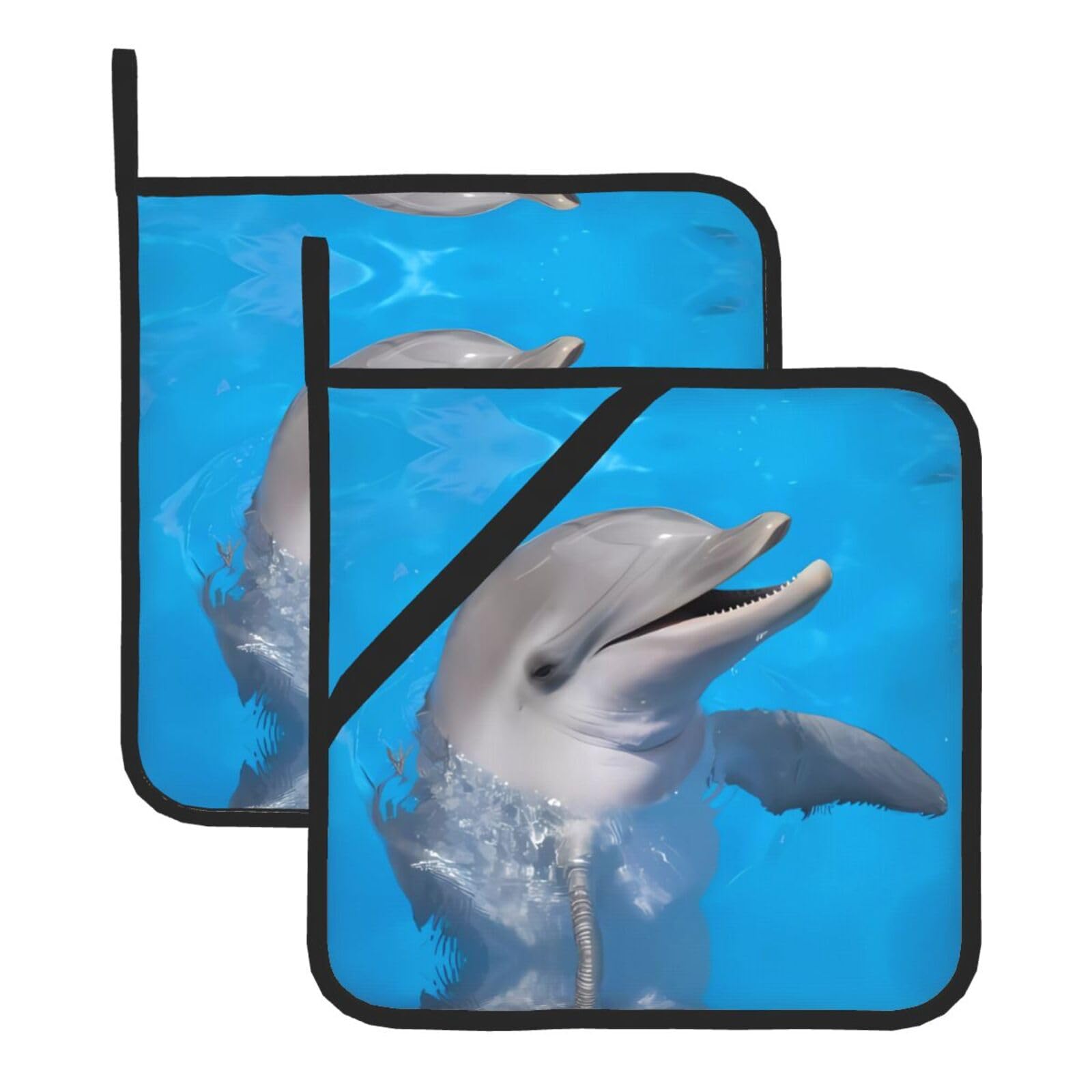 WHJSSF Dolphin with a Smile Prints Square Hot Pads for Kitchen Counter - Waterproof Trivets with Hanging Loop, Thick Pot Covers for Serving, Oven & BBQ - Set of 2 (1 with Pocket)
