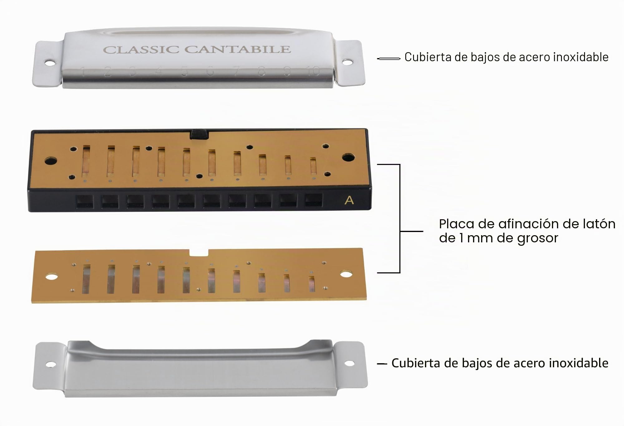 Classic Cantabile AHBS-7 Alabama Blues Harmonica Set de 7, Afinaciones: C | 7 armónicas diatónicas, B (H), Placas especiales para el típico sonido de armónica blues, Material de la caja: acero cromado