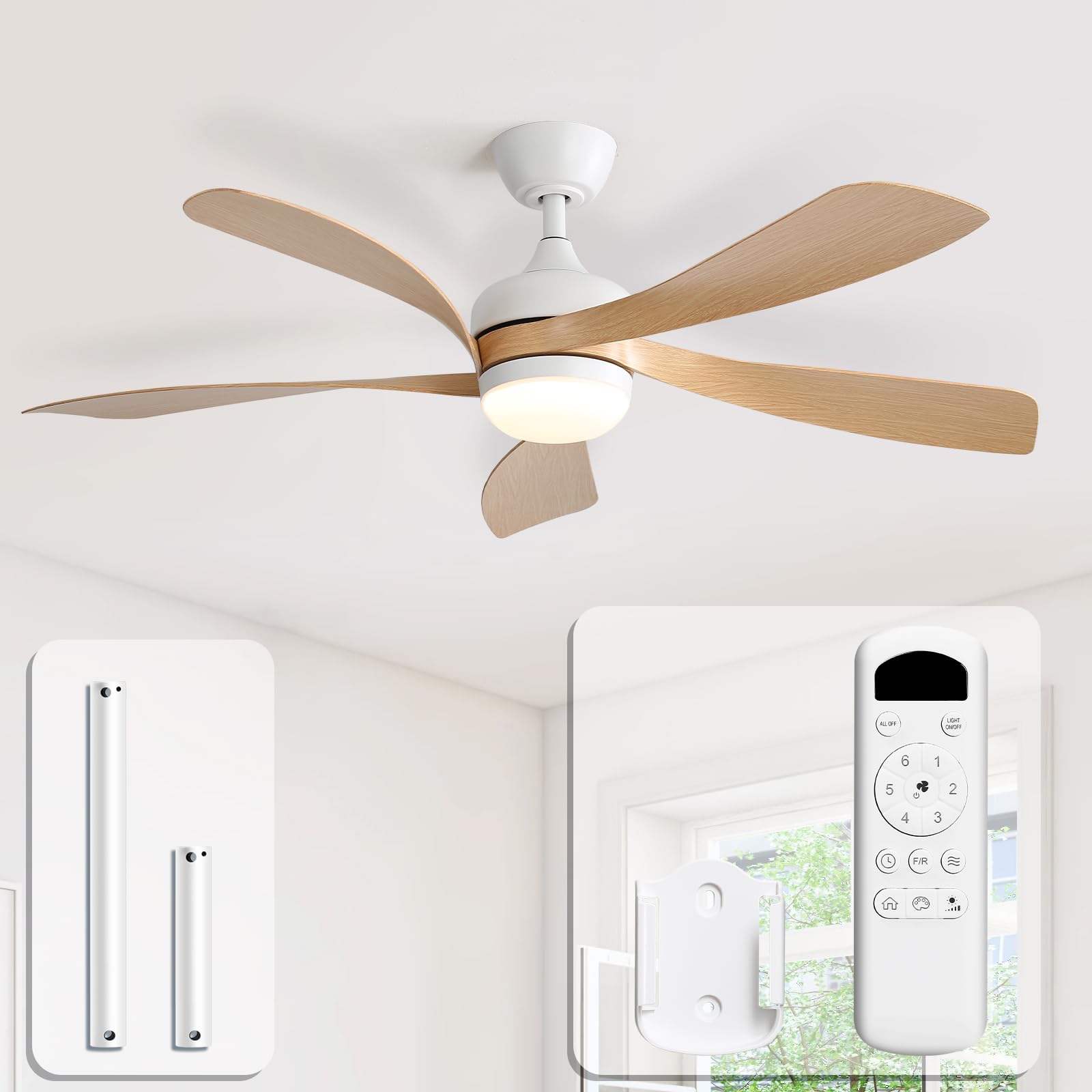 Sofucor 132 cm Ceiling Fan with LED Light, 6 Speeds, Control, Timer, DC Motor, Silent Ceiling Fan with Lamp for Bedroom Living Room