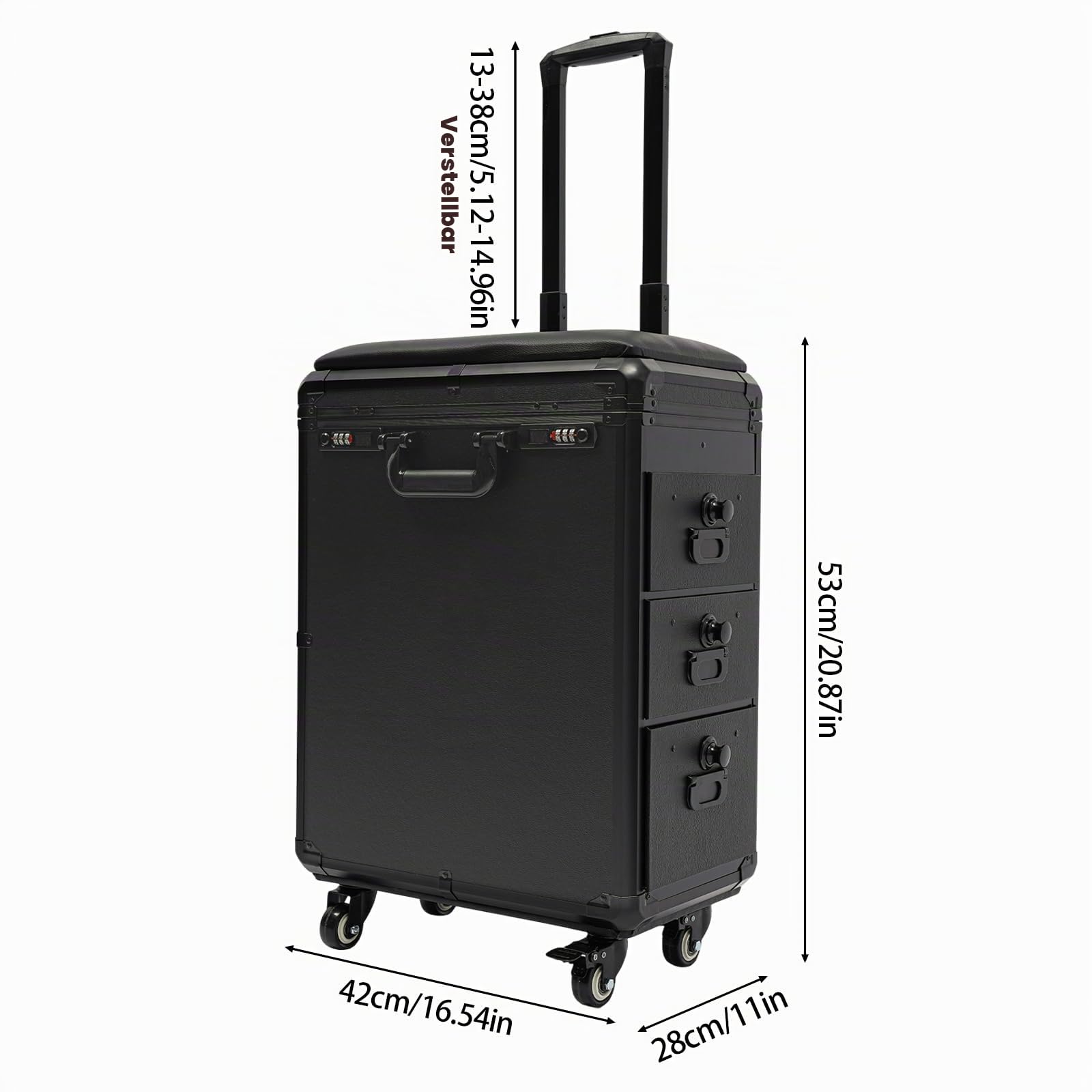 Kosmetikkoffer Trolley mit Armlehnenständer,Kosmetikkoffer Trolley Tattoo Koffer,Tattoo Tisch Beauty Stand,mit 3 Schubladen und 4 Universalrädern,für Kosmetik Aufbewahrung Schminkkoffer