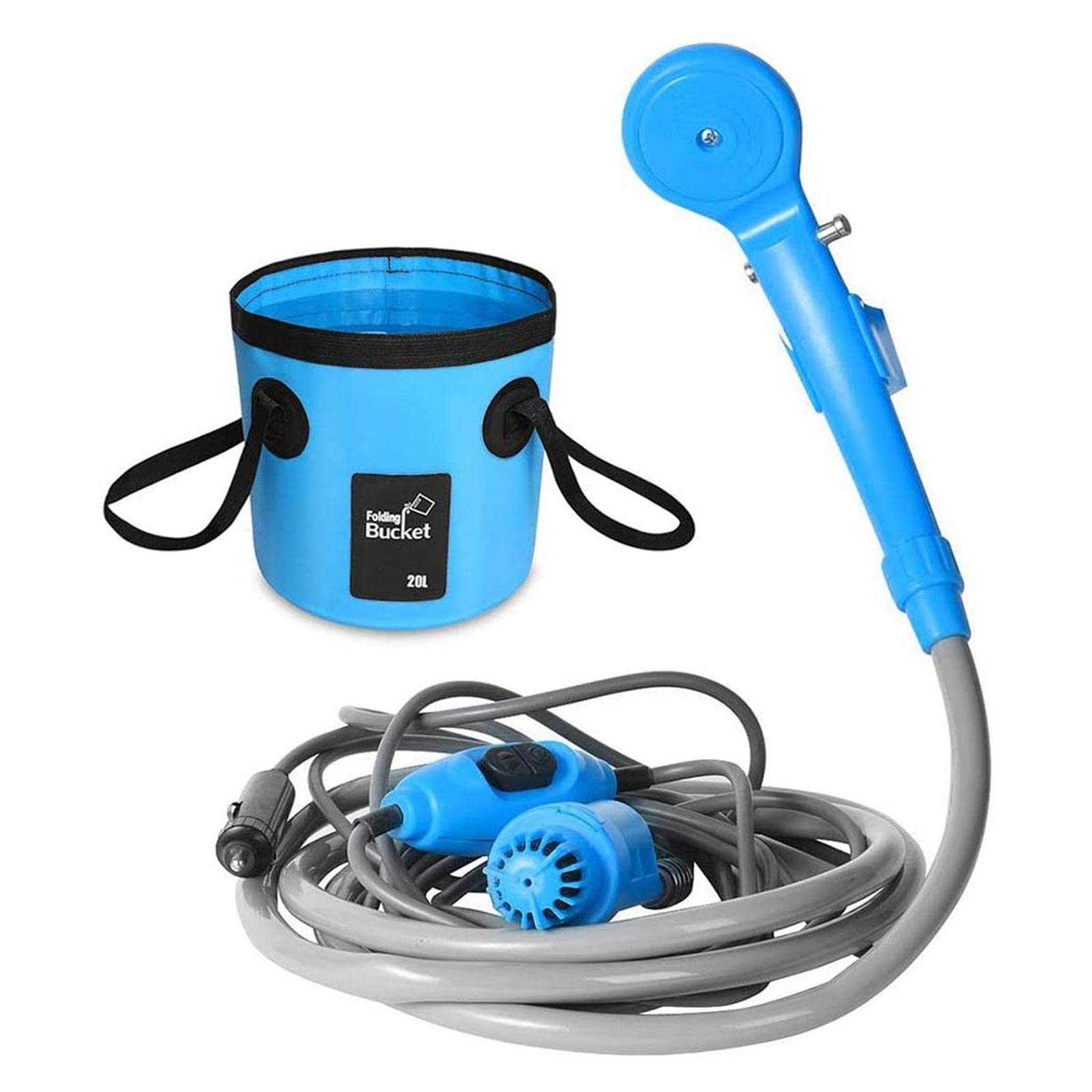 Ducha Portátil Bomba de Agua Cubeta Plegable Eléctrica con Cabezal de Ducha Cable de Alimentación Función Ajustable Adecuada para Camping Lav