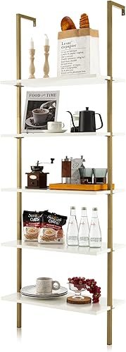 Miniatura 11 de Tangkula Estantería de 5 niveles, moderna estantería de escalera para montar en la pared, estantería abierta de madera de 5 niveles con marco de