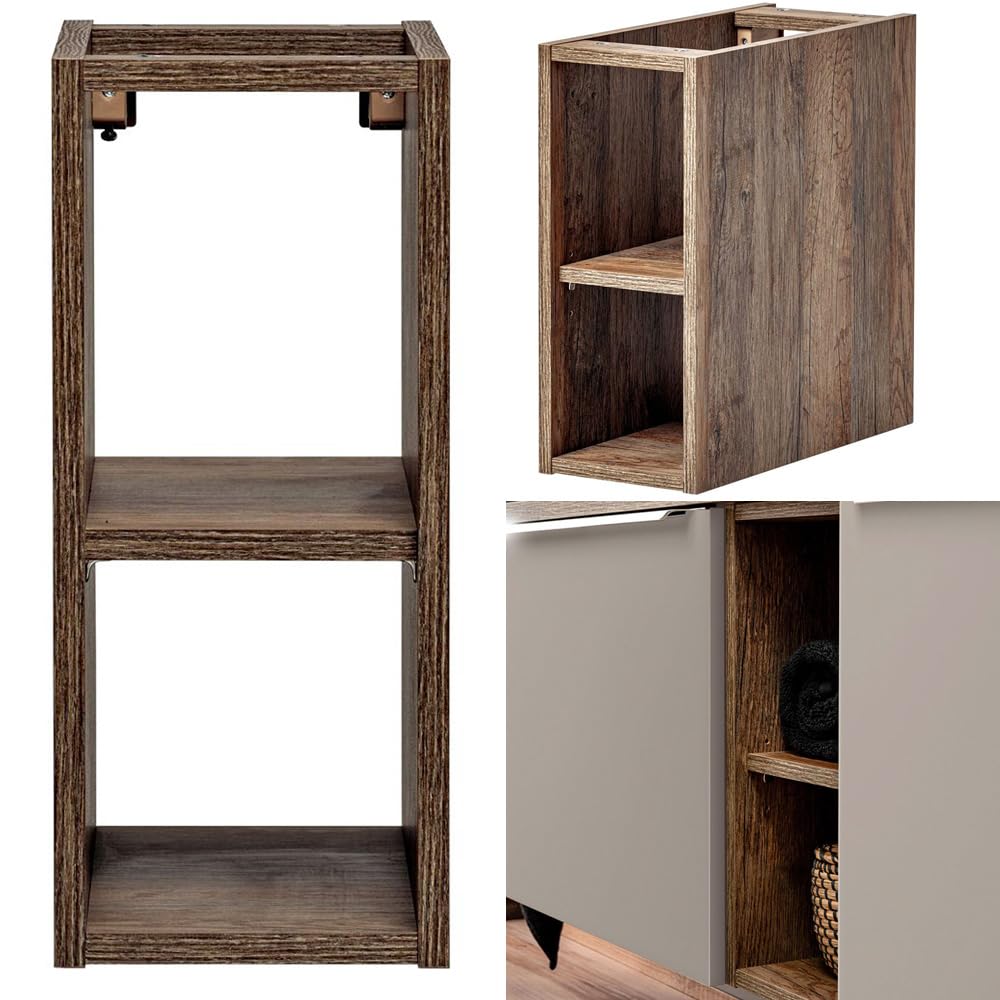 Lomadox Set di mobili da bagno in aupe con rovere vintage, 140 cm, doppio lavabo con mobiletto, 2 lavandini in ceramica, scaffale, specchio a LED, armadio alto