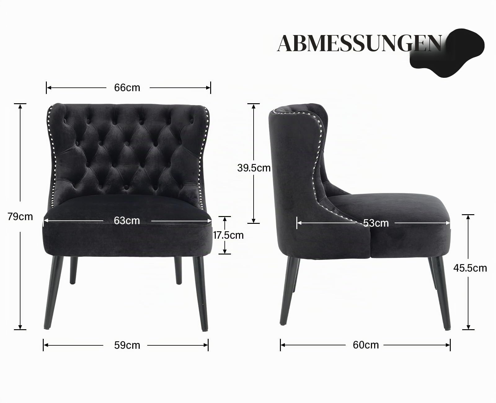 chairus Ohrensessel Samt Sessel Wohnzimmer Relaxsessel mit Holzbeinen Loungesessel Schlafzimmer Arbeitszimmer, Schwarz