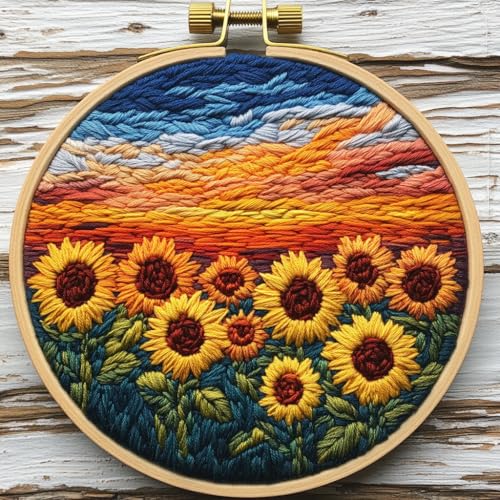 DIY Punch Needle Kits for Beginners Sunflowers Under Sunset with Hoop Embroidery Punch Needle Starter Set Easy for Adults and Kids Festival Gift and Decor 20x20cm