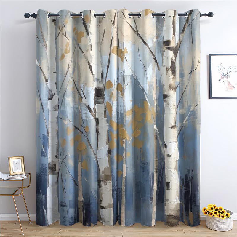 Rideau Occultant Bouleau, Rideau Isolant Thermique pour Salon Chambre, Rideaux Motif Arbre, Rideau Opaque à Oeillets, Lot de 2 Rideaux et Draperies Intérieurs 140x240 cm (LxH)