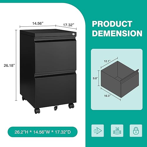 Miniatura 3 de SISESOL - Archivador de 2 cajones con cerradura sobre ruedas, metal, negro, cabe debajo del escritorio, para oficina en casa, apto para A4, carta y