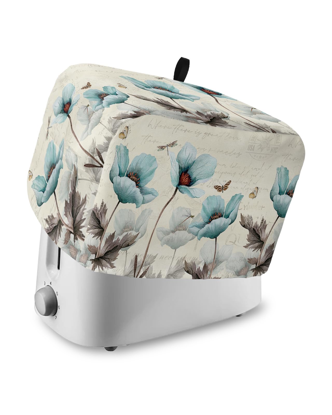 4 Slice Toaster Cover, Bread Machine Cover Retro Turquoise Flowers Butterfly Dragonfly Country Style Kitchen Appliance Dust Cover Top Handle Fingerprint Protection Lightweight Kitchen Toaster Cover