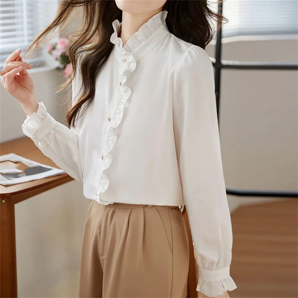 Blusa de gasa de manga larga con volantes para mujer, color liso, informal, con botones, para oficina o trabajo