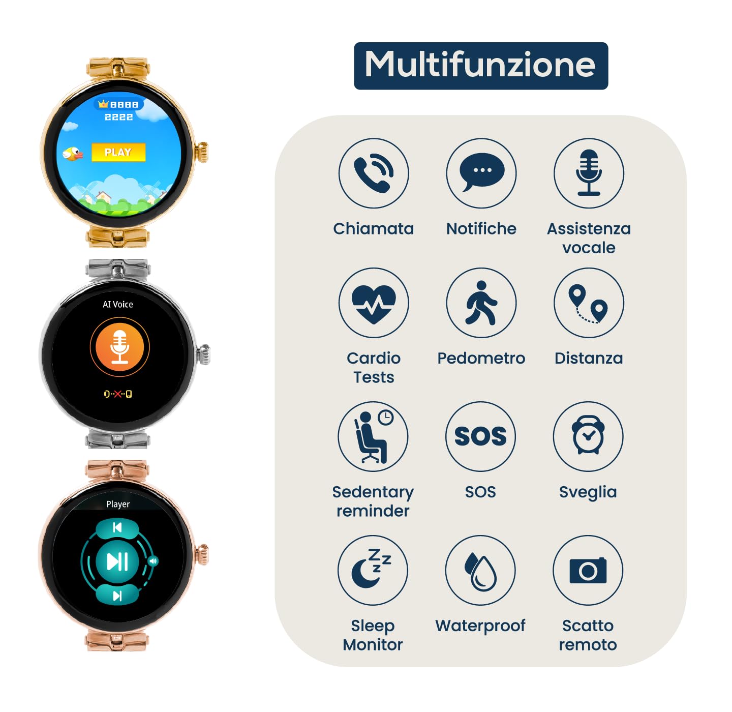 TECHMADE Smartwatch Niah Lyra per donne, orologio digitale gioiello, schermo AMOLED, chiamate, notifiche, funzione SOS, sport, cardiofequenzimetro, Spo2, BP, comp con IOS e android (GOLD)