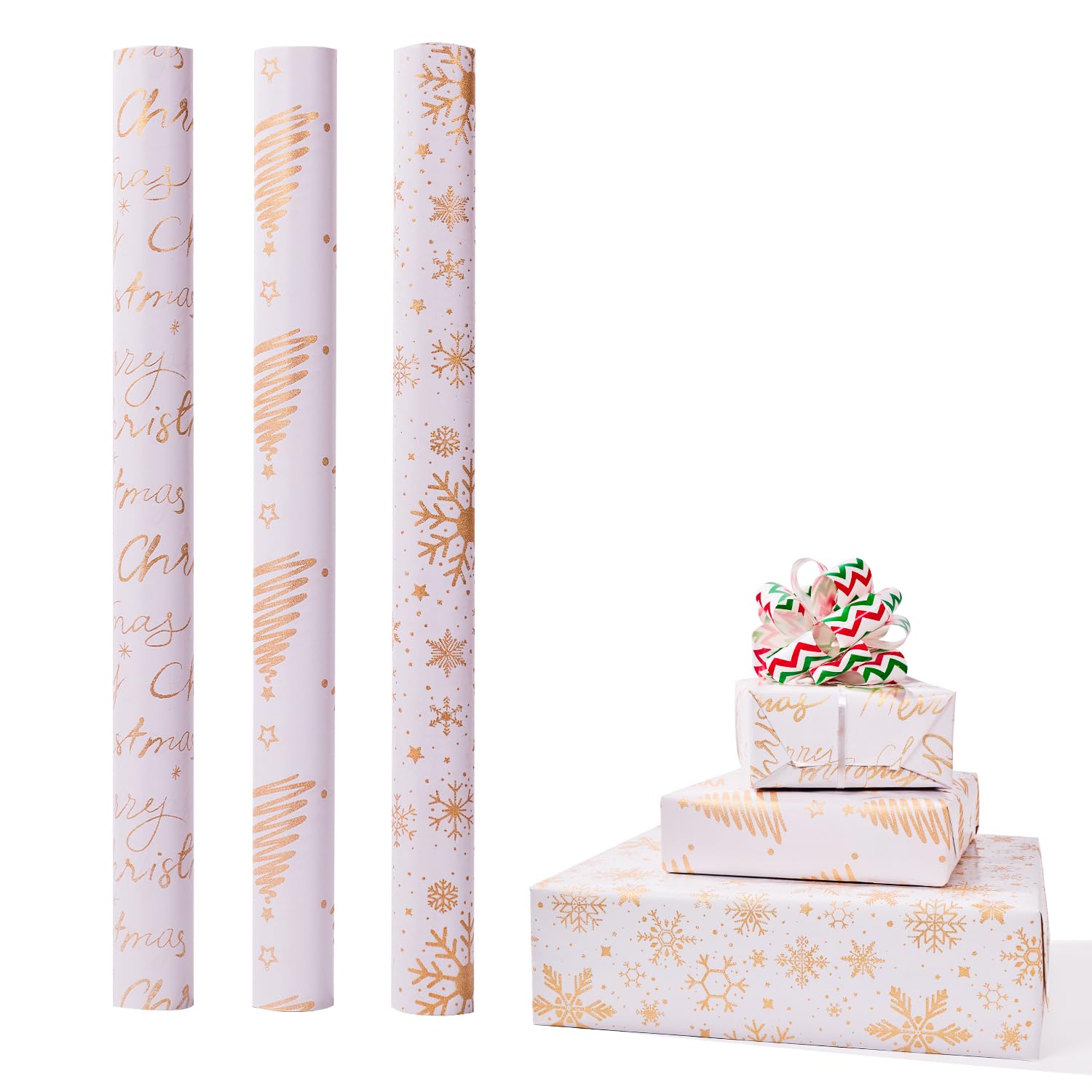 Christmas Wrapping Paper Roll,3 Rolls 43cm x 3m Xmas Gift Wrapping Paper,Metallic Gift Wrap Paper with Snowflake Xmas Tree Pattens for Christmas,Party,Festive Decorations (White Gold) — image 1