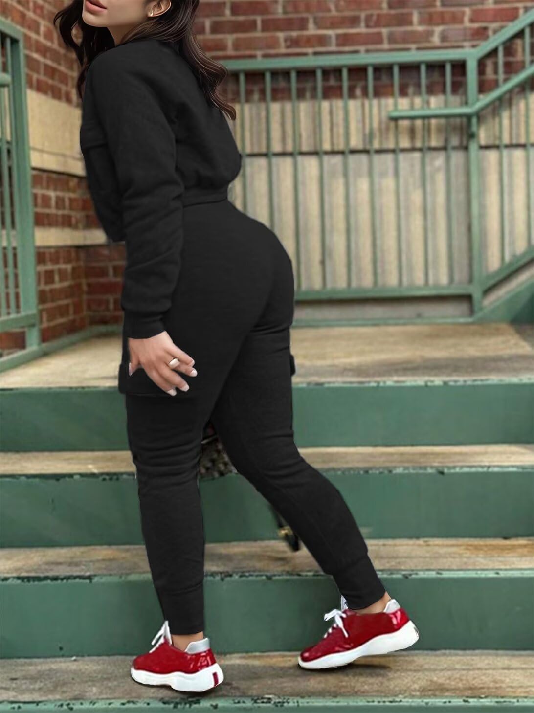 Womens 2 Piece Outfits Tracksuits Zip Up Crop Tops Sweatsuit Long Sleeve Jacket Stacked Jogger Cargo Pants Set with 6 Pockets - Image 3