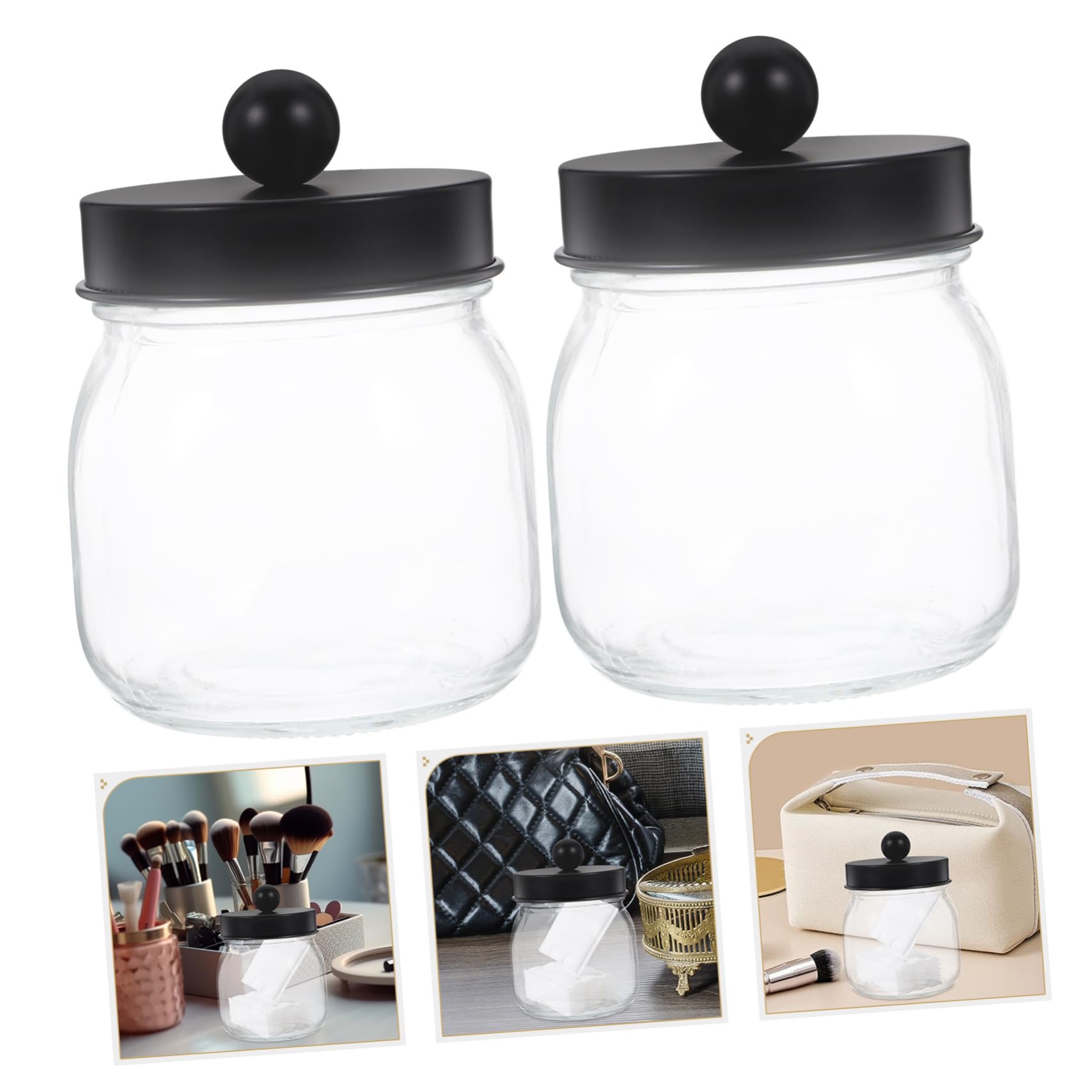 2 Stück Badezimmerglas mit Deckel Hautpflege Organizer aus Glas und Edelstahl Transparent Schwarz für Wattestäbchen und Wattepads