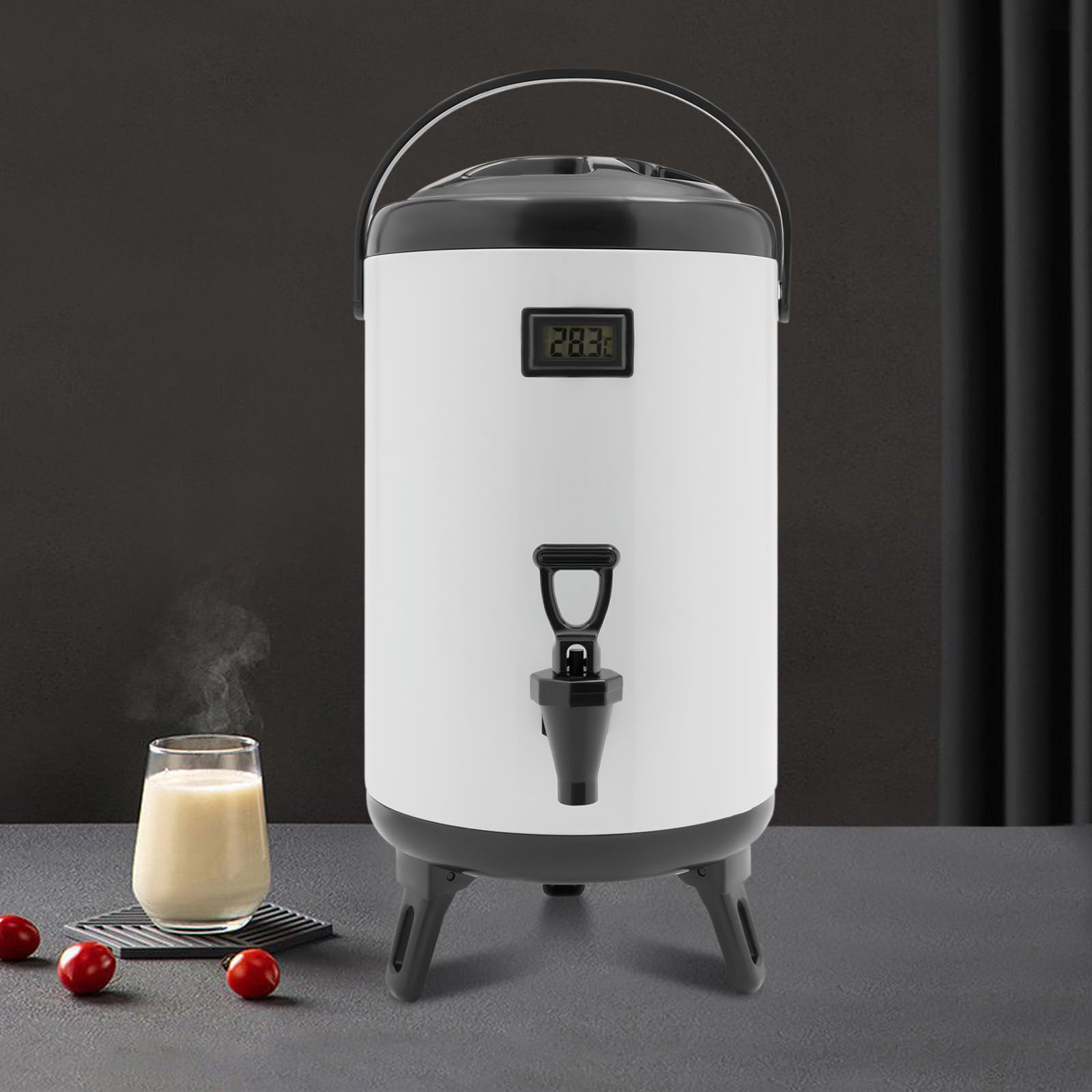 Distributore di bevande isolato in acciaio inox, 10 l, distributore di bevande calde e fredde, con termometro elettronico, rubinetto per caffè, tè al latte, succhi di frutta, termico, 12 ore (bianco)