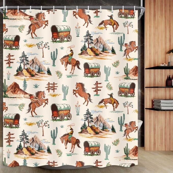 Drgilau Western Cowboy Shower Curtain, Vintage Wild West Shower Curtain Set West Cowboy Ride Horse Bathroom Curtains Decor, Waterproof Rustic Bath