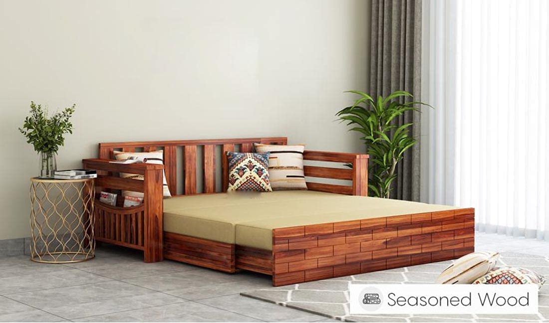 Krishna Wood Decor Solid Sheesham Wood Convertible 3 Seater Sofa Cum Bed with Headboard and Storge Armrest, Folding Double Bed with Mattress for Home Living Guest and Office Areas, Brown