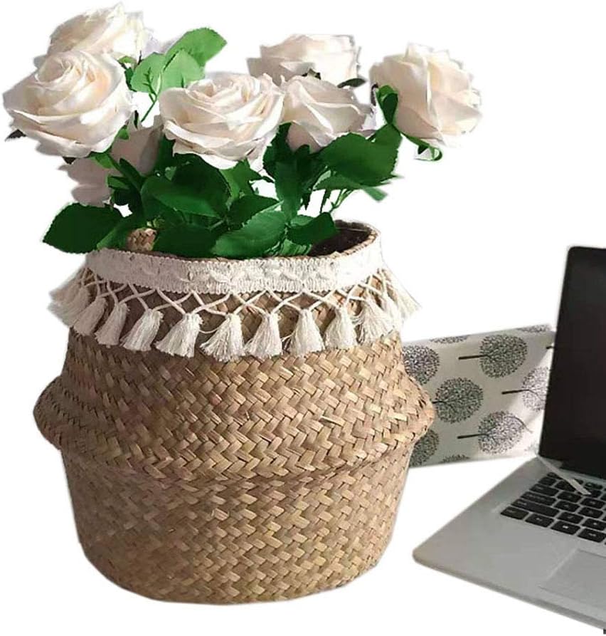 Woven Seagrass Basket, Large Storage Laundry Woven Seagrass Tote Belly Basket, Multipurpose, Foldable, Rustic, Brown