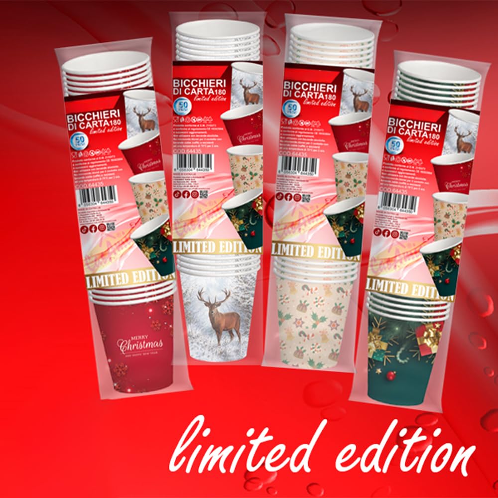 2000 Bicchieri d' Acqua in Carta Natalizi 180 ml, Biodegradabili Biocompostabili, Usa e Getta, 4 Colorazioni, Ideale per Casa, Ufficio, Asporto Bevande Calde Natale