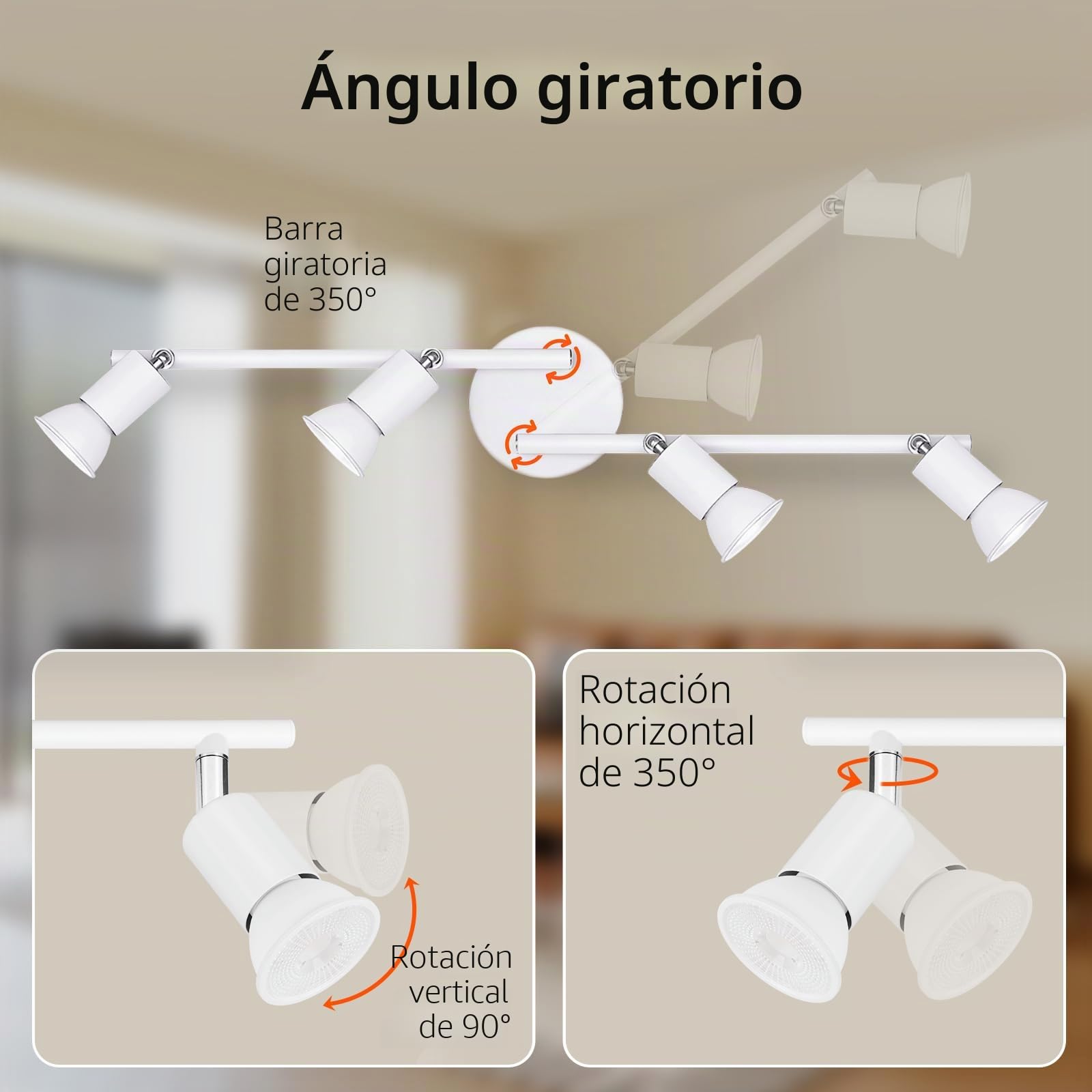 Ketom GU10 Focos Techo Blanco, Lampara Focos Techo con 4 Focos Orientable, Moderno Plafón LED Para Interiores Giratorio, Industrial Para Dormitorio, Pasillo, Cocina, Sin Bombilla