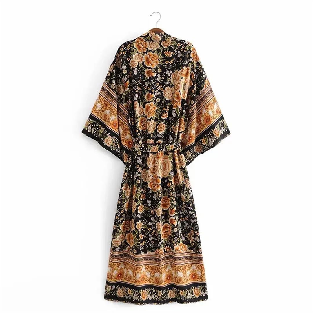 Fusciacche con stampa floreale bohémien vintage da donna kimono maniche a pipistrello maxi abito bikini