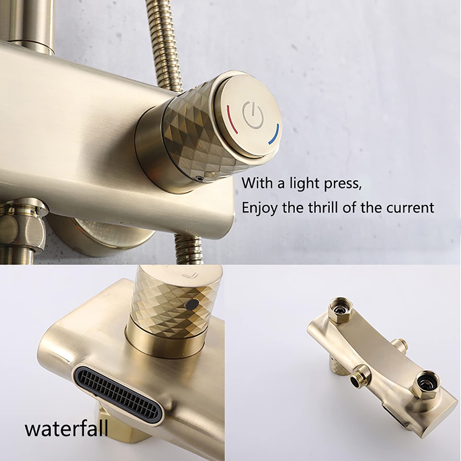 Doccia a pioggia classica Set di rubinetti per doccia in ottone Set doccia combinato a parete Miscelatore a pioggia con doppia maniglia con beccuccio per vasca a cascata, doccetta a 3 modalità, soff