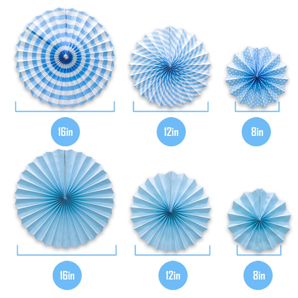 ADLKGG Hanging Paper Fans Party Set, Round Pattern Paper Garlands Decoration for Birthday Baby Boy Shower Graduation Bachelorette, Set of 6 (Blue)