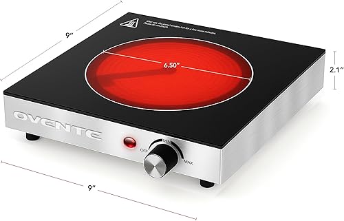 Miniatura 8 de OVENTE Quemador individual de cerámica infrarroja, placa eléctrica de encimera de 1200 W con vidrio cristalino negro, estufa portátil de acero