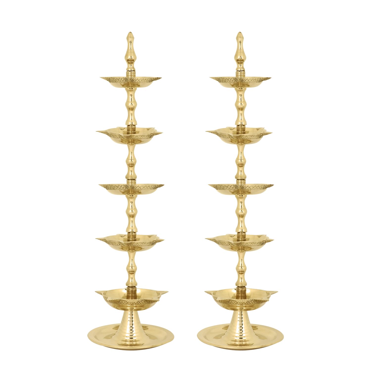 SATVIK 2 Pc Standing Brass Kerala Samai Diwali Deepak for Puja Traditional Panchmahal Pooja Deepam Diya Oil Lamp Kutthu Vilakku Dia 5 in 1 Step Adjustable 13.5 inch Deep (Kalash)-image-17