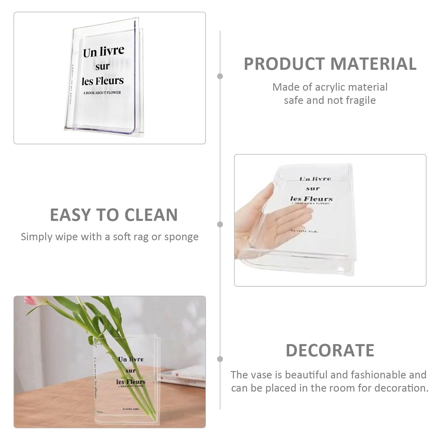 1 Piece Clear Vase Tulip Vase Acrylic Book Vase Flower Book Vase Transparent Book Vase Easy for Party Living Room Office Cafe Decoration - Image 3