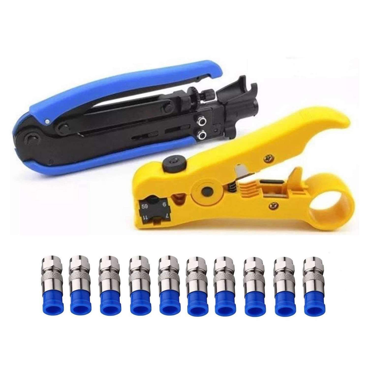 KEKEYANGtools Compression Tool Coax Cable Crimper Kit Adjustable Rg6 Rg59 Rg11 75-5 75-7 Coaxial Cable Stripper with 10 Pcs F Compression Connectors - Blue Pliers