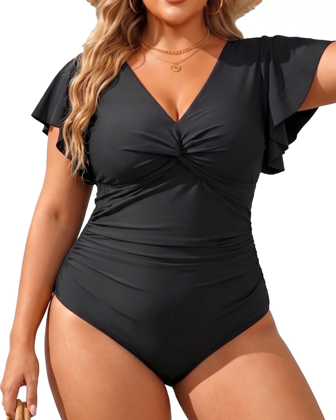 Plus Size One Piece Swimsuit with Sleeve Tummy Control Bathing Suit Ruffle Vintage Swimwear-image-35