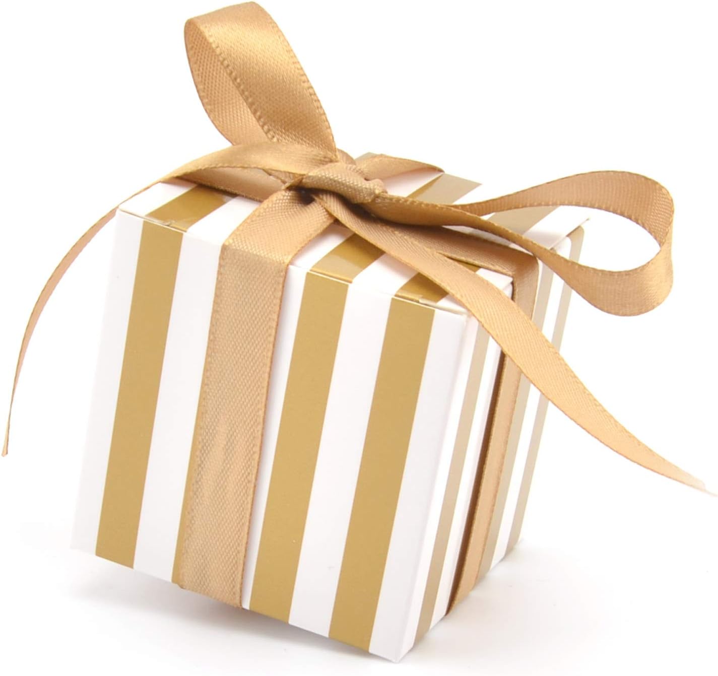 Candy Boxes small Gift boxes 2 x 2 x 2 inch with Ribbon,50pcs,Square Gold And White Stripes