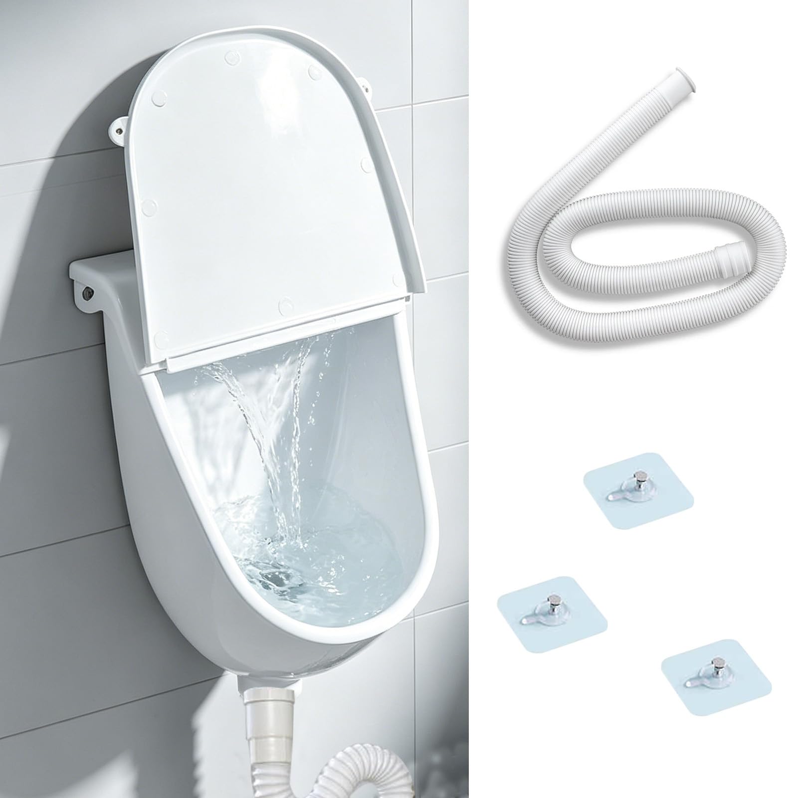 Urinal Zur Wandmontage Mit Deckel, Wasserloses Wandmontiertes Urinal | mit 1.5m Ablaufschlauch, Umleiter, auslaufsicher Outdoor-Urinal, Für Badezimmer, Camping, Wohnmobil, Garage
