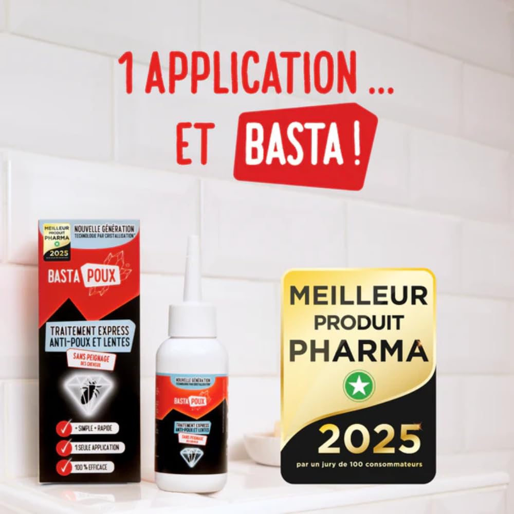 BastaPoux® Traitement Anti-Poux et Lentes – 1 Application Suffit – Actif Naturel Breveté Crystalysine® – Sans Peignage – Non Gras & Facile à Rincer – Enfants & Femmes Enceintes