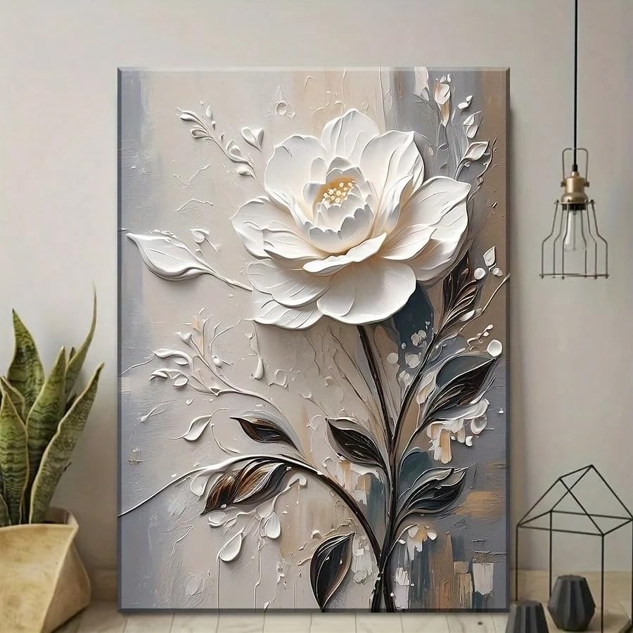 Décoration salon tableau fleurs blanches et feuillage gris - 2
