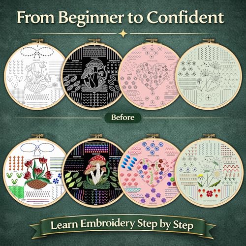 Image of Moni Crafts - Embroidery Kit for Beginners Adults - Learn 41 Stitches with Complete Starter Kit, 4 Pre-Printed Patterns, Threads, Needles & Hoop - Hand Embroidery Kit with Video Tutorials