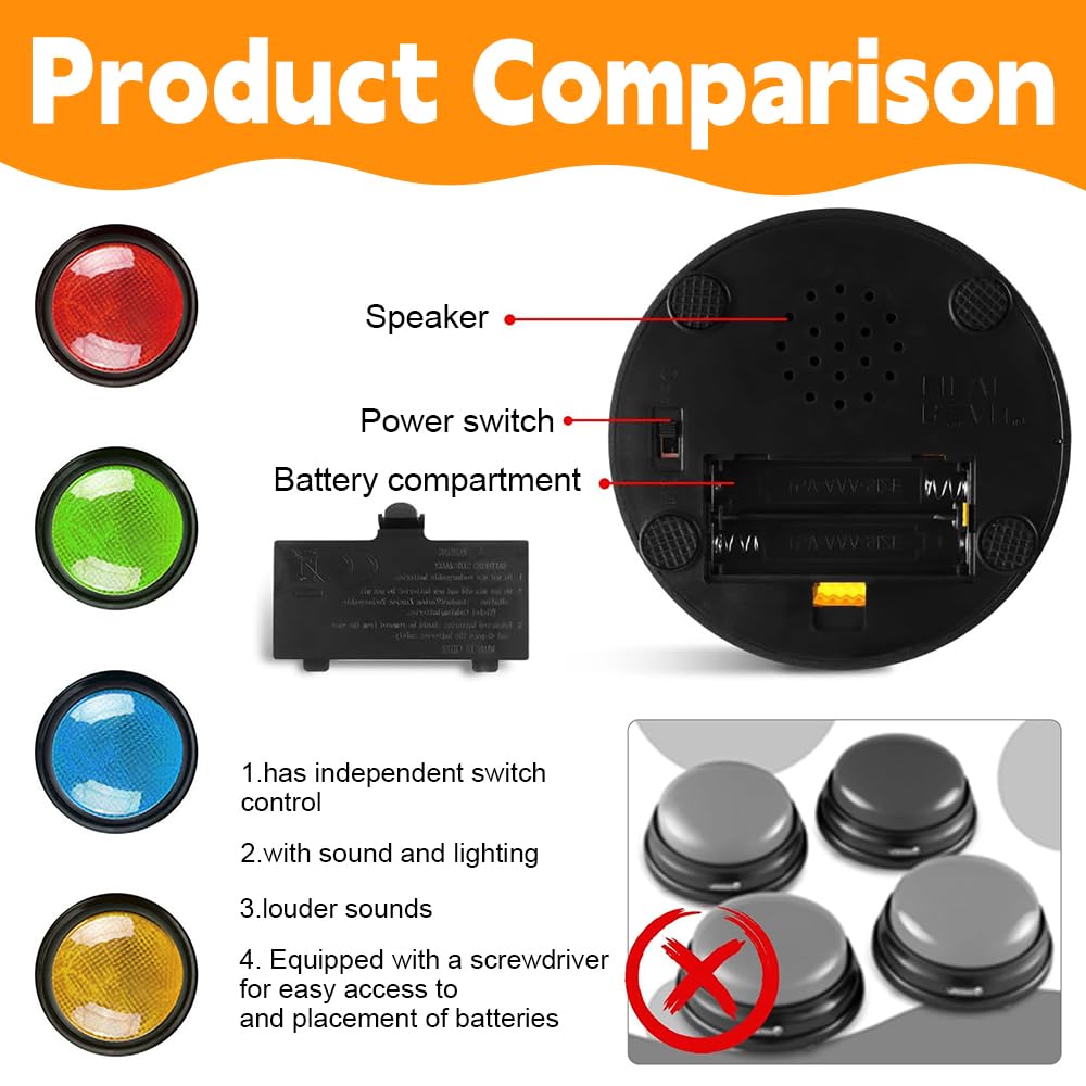 Adiwo Set de 4 Buzzers de Réponse, Buzzer Sonore et Lumineux avec 4 Sons Préenregistrés, Buzzers Sonores Colorés, Buzzer Blind Test pour
