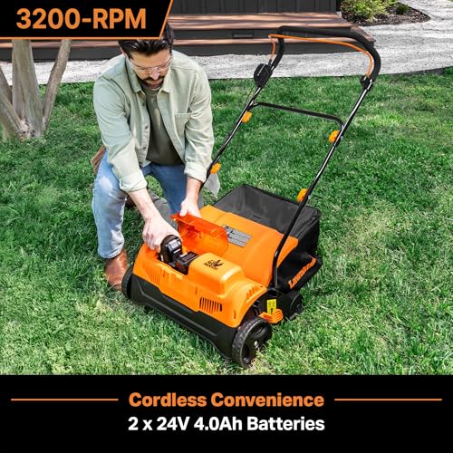 Image of LawnMaster 48V MAX Brushless 16 inch 2-in-1 Cordless Dethatcher and Scarifier with Removable Thatch Collection Bag Quick-Fold - CLGVB4816 | Removable Thatch Collection Bag, Quick-Fold