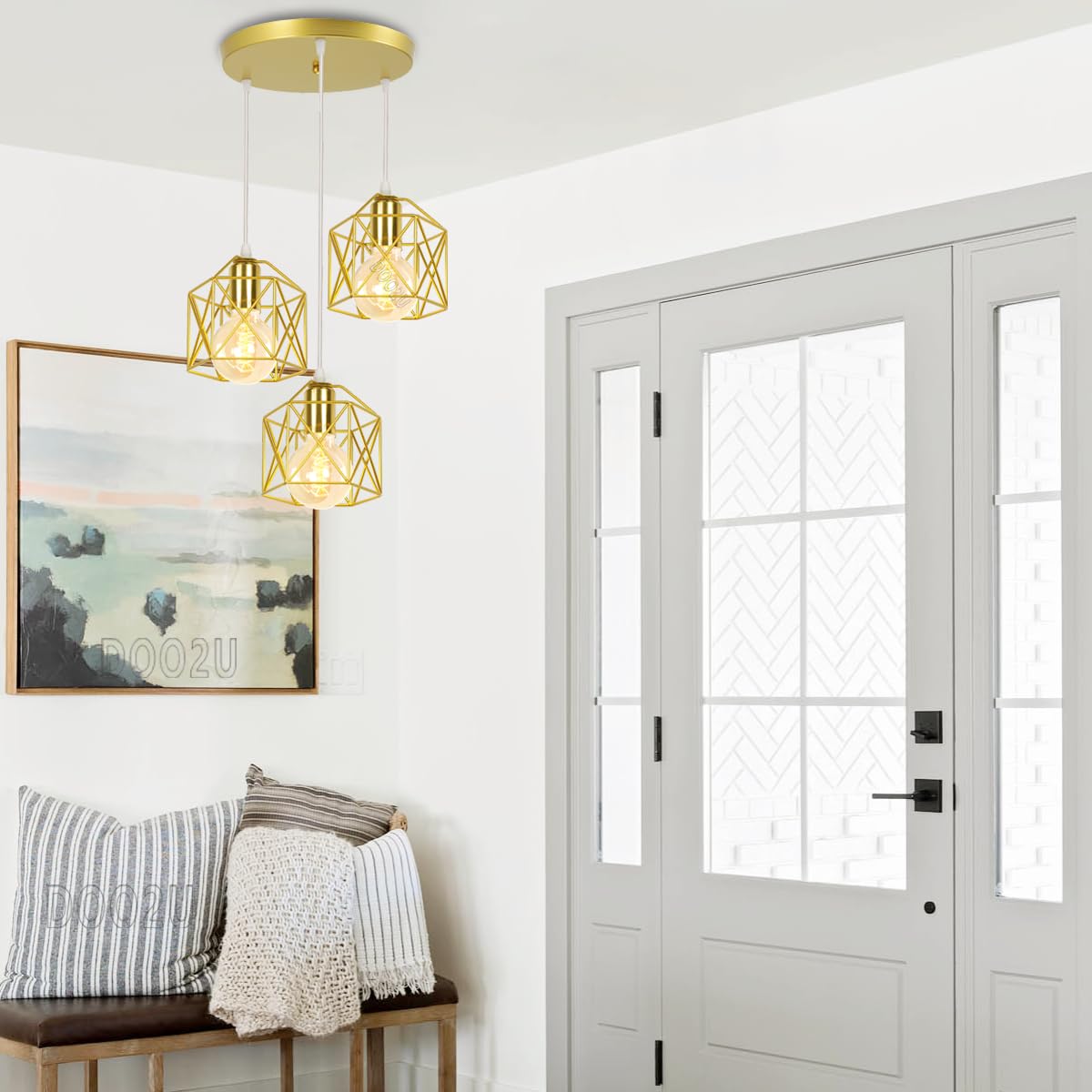 Suspension Luminaire Industrielle 3 Lampes Vintage E27 Lustre Abat-jour en Métal Design pour Salon Chambre Cuisine (Doré - avec une base)
