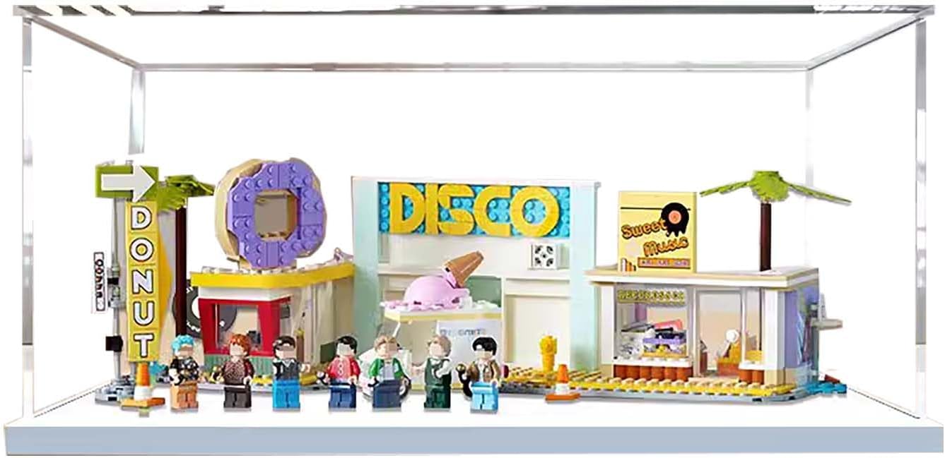 Acrylic Dustproof Display Case Designed for LE-GO 21339 BTS Dynamite Building Block Model, Transparent Box, Display Box Compatible with Le-go 21339. (No model) (White base.)