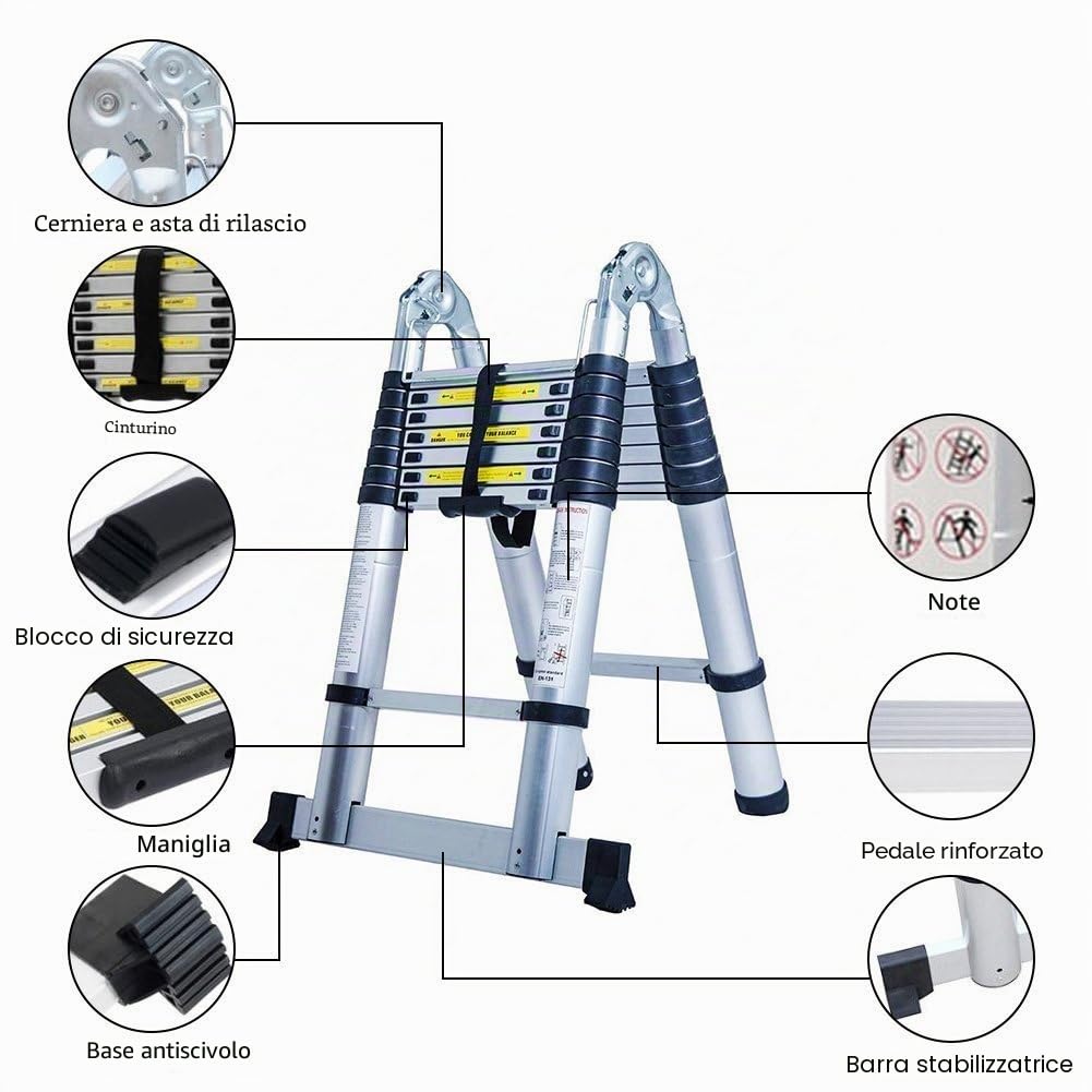 5M Scala Telescopica, Scala alluminio pieghevole scala multiuso Scaletta 16 gradini, Capacità 150kg, 2.5M+2.5M