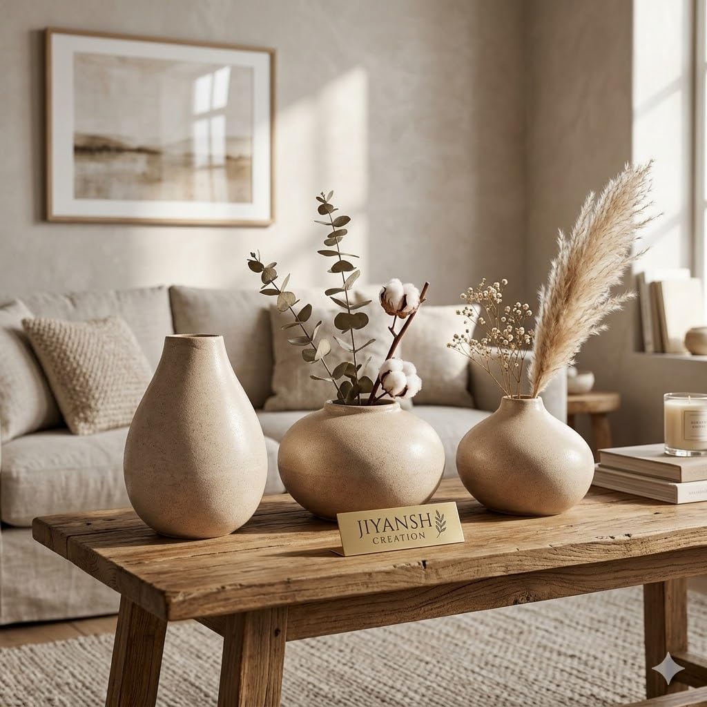 Ceramic Bud Vase Set of 3, Neutral Beige, Matte Finish, Modern Minimalist Style, Home Decor (Cream)-image-48