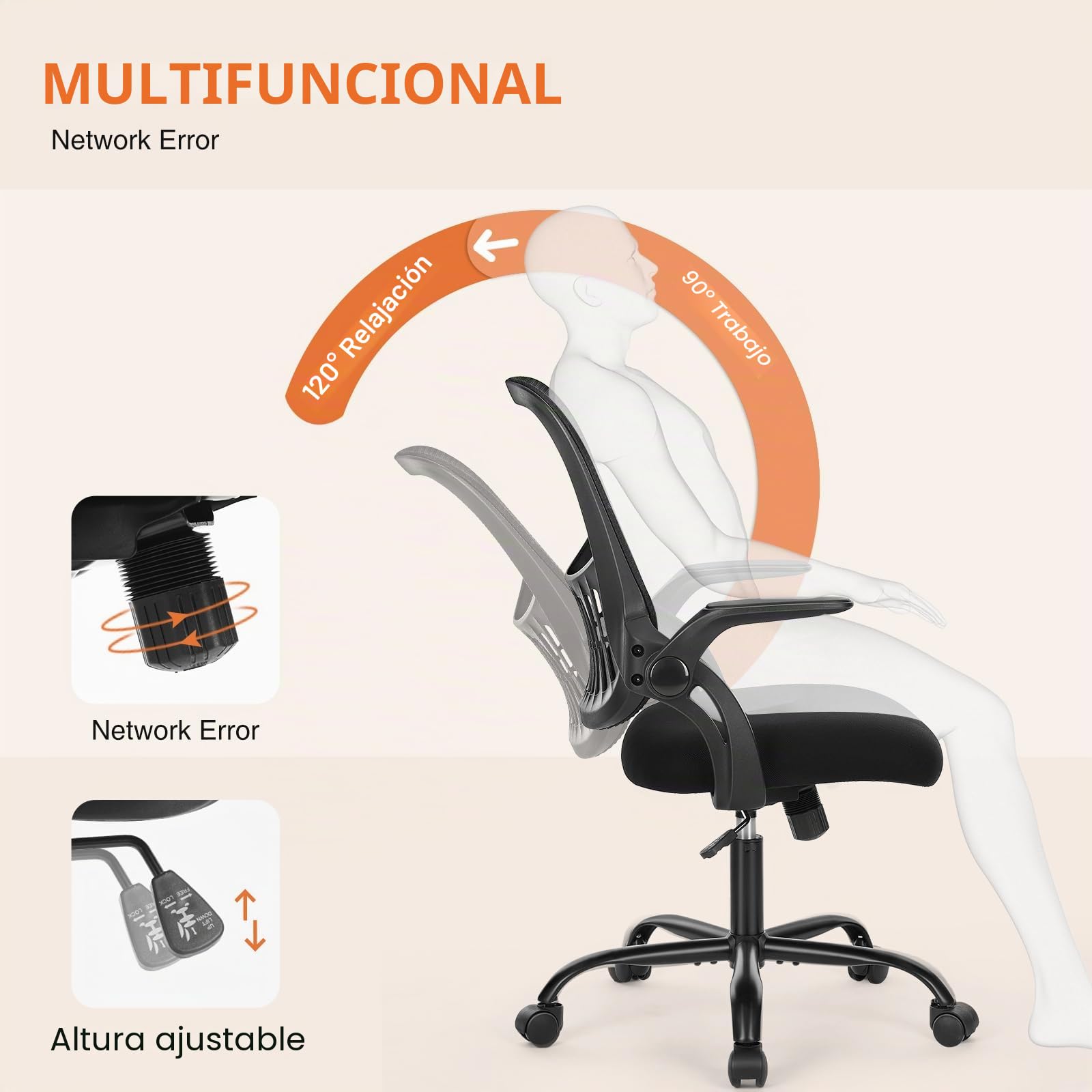 Sweetcrispy Bürostuhl Ergonomisch Escritorio con Soporte Lumbar, Altura Ajustable, reposabrazos, Silla Adecuada para Oficina y Dormitorio, Metal Plástico, Negro, Normal